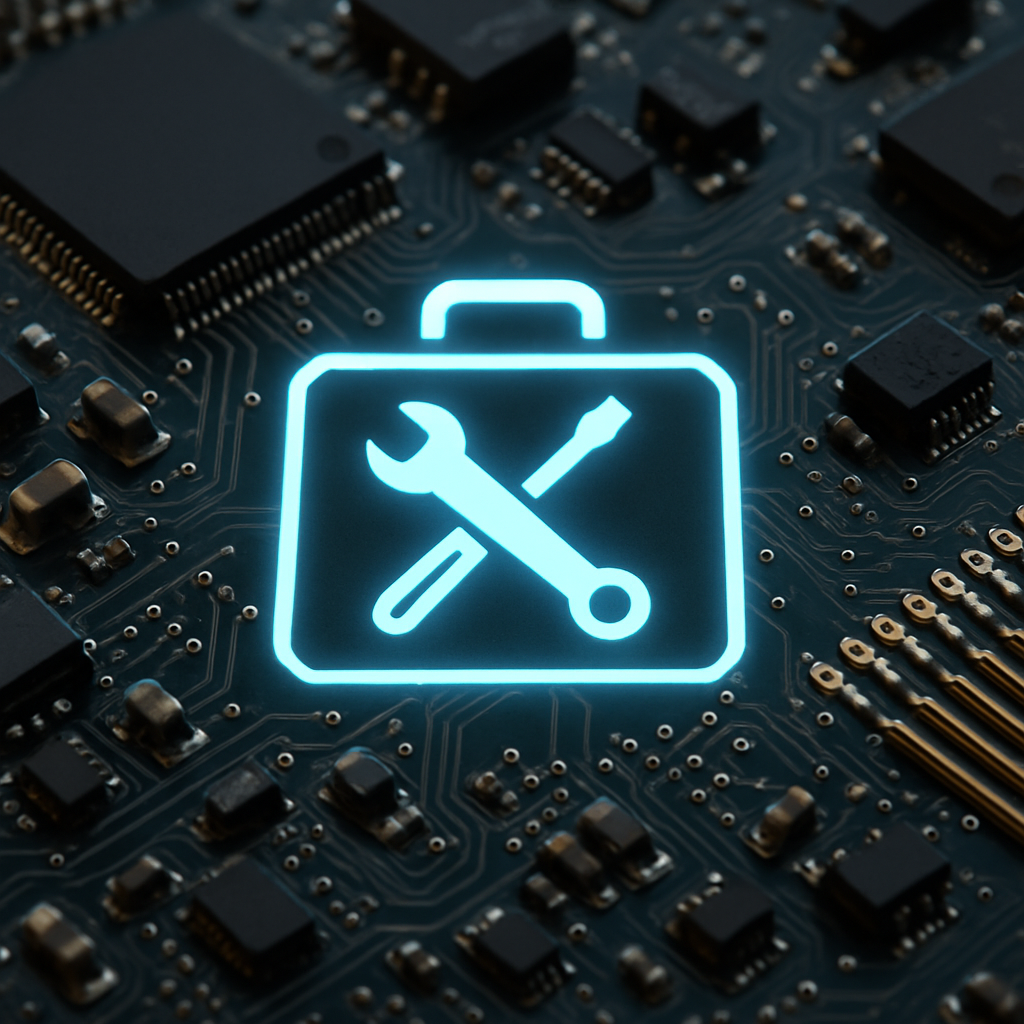 Ein Ausschnitt einer ComputerPlatine ber der in der Mitte des Bildes in hellblau ein digitaler Koffer mit Werkzeug leuchtet - KI-generiert