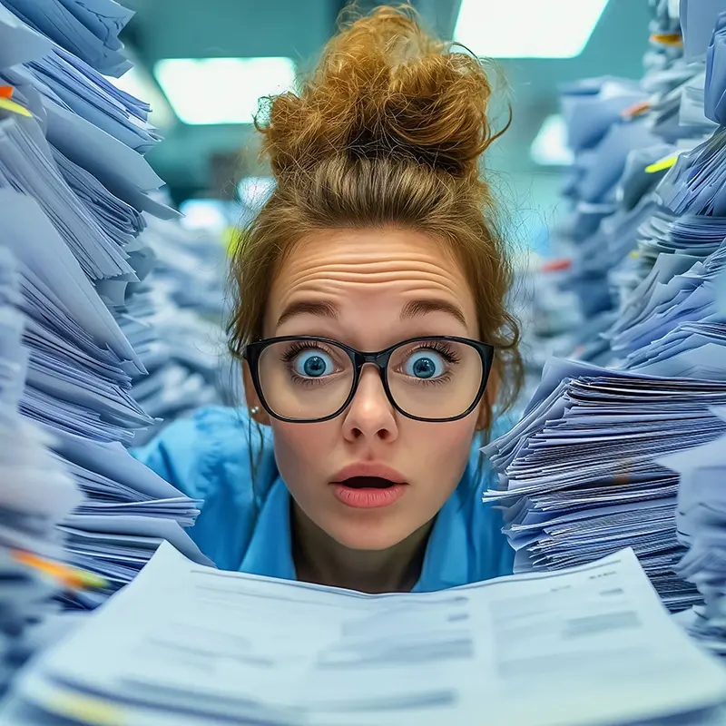 Frau guckt entsetzt durch Papierchaos