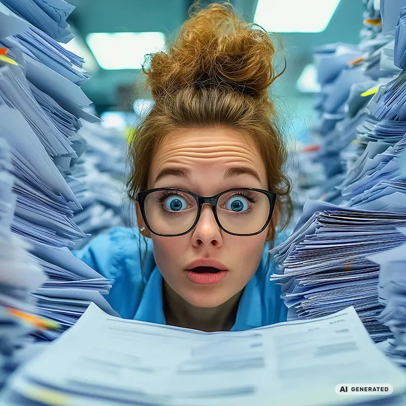 Frau guckt entsetzt durch Papierchaos - KI generiert