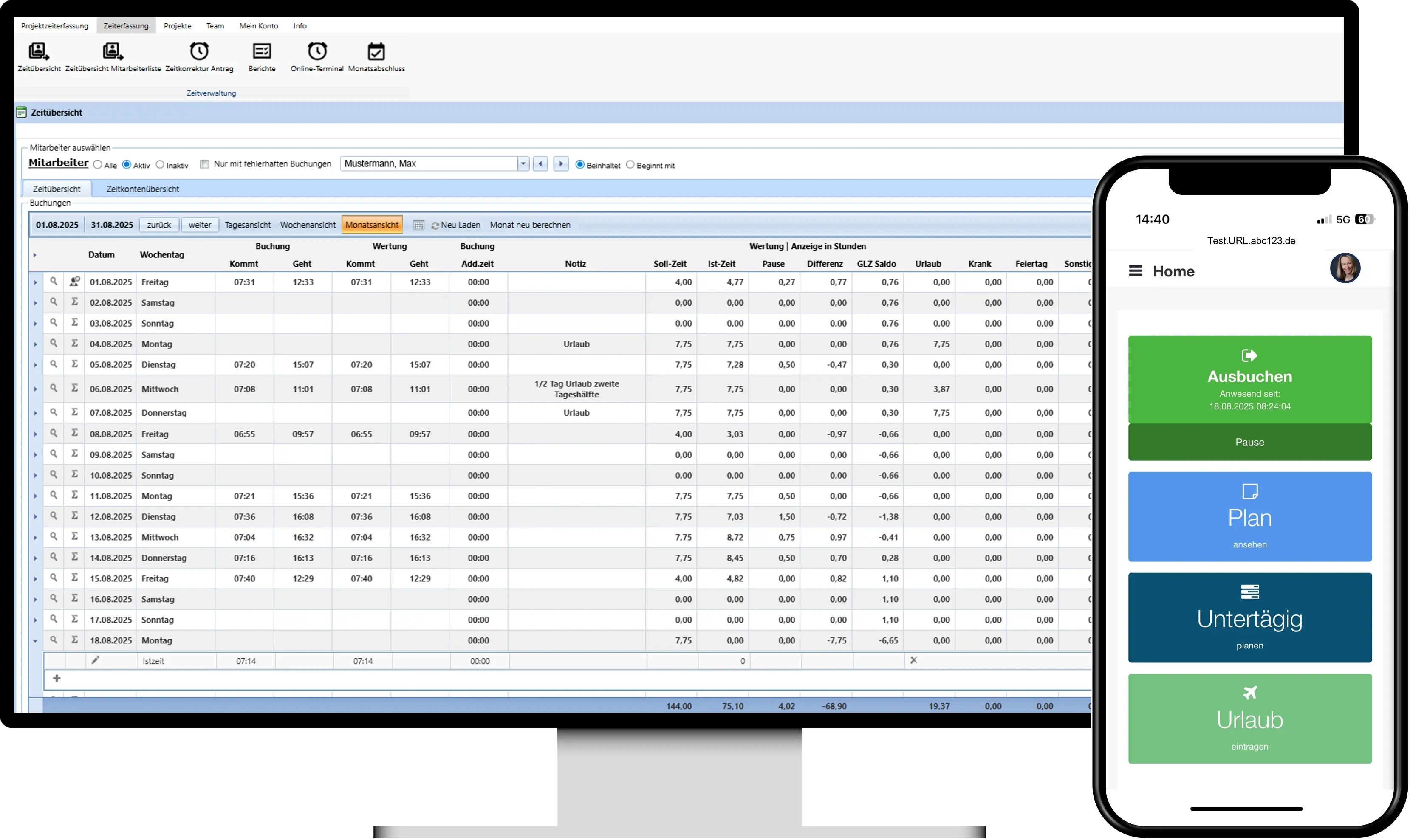 Monitor mit Zeiterfassungsübersicht und Handy Zeiterfassung